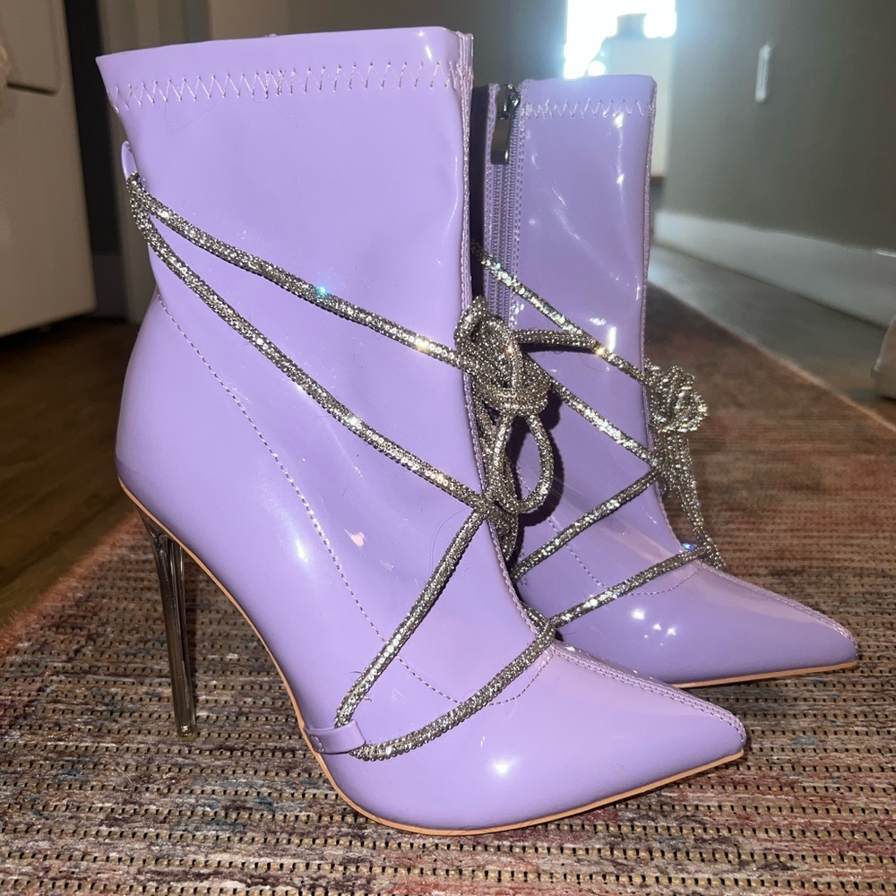 Fashion Nova Purple and Silver Heeled Boots with Metallic Accents